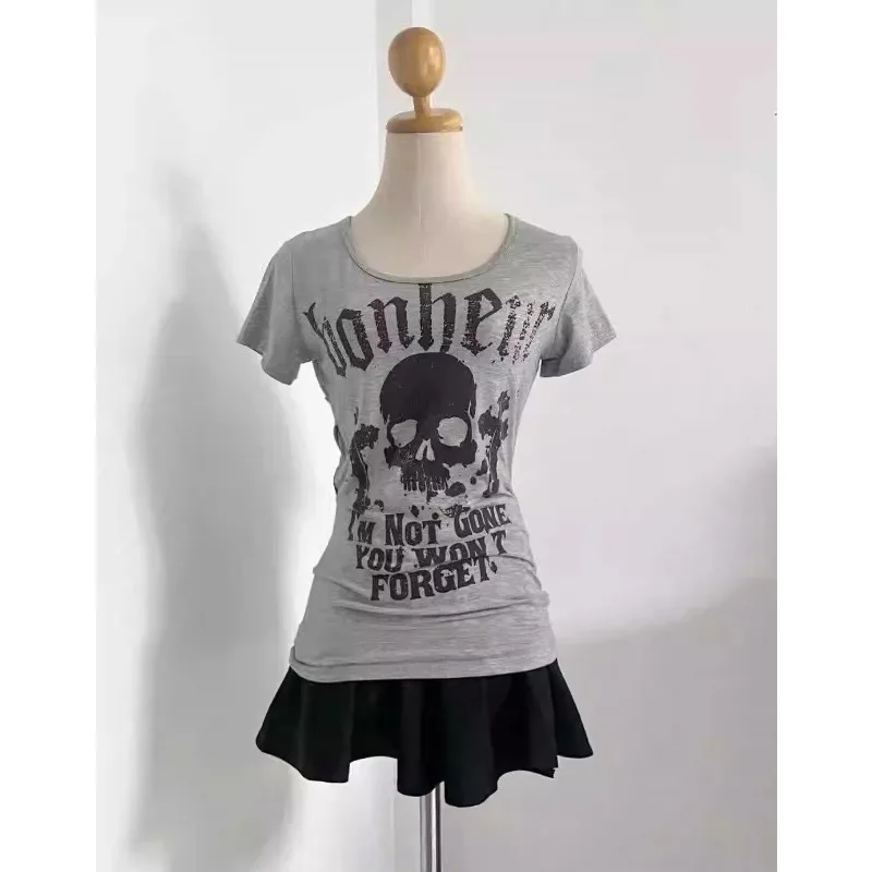 Vintage Skeleton Letter Print T Shirt American Retro SubCulture Punk Slim T-shirt Top Trend Women Gothic Grunge Pulovers Tees