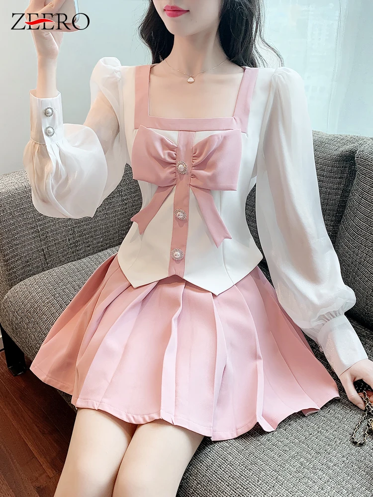 

Sweet 2 Piece Set Women Pink Bow Square Neck Long Puff Sleeve Crop Top + High Waist Mini Pleated Skirt Set Korean Womens Outifit