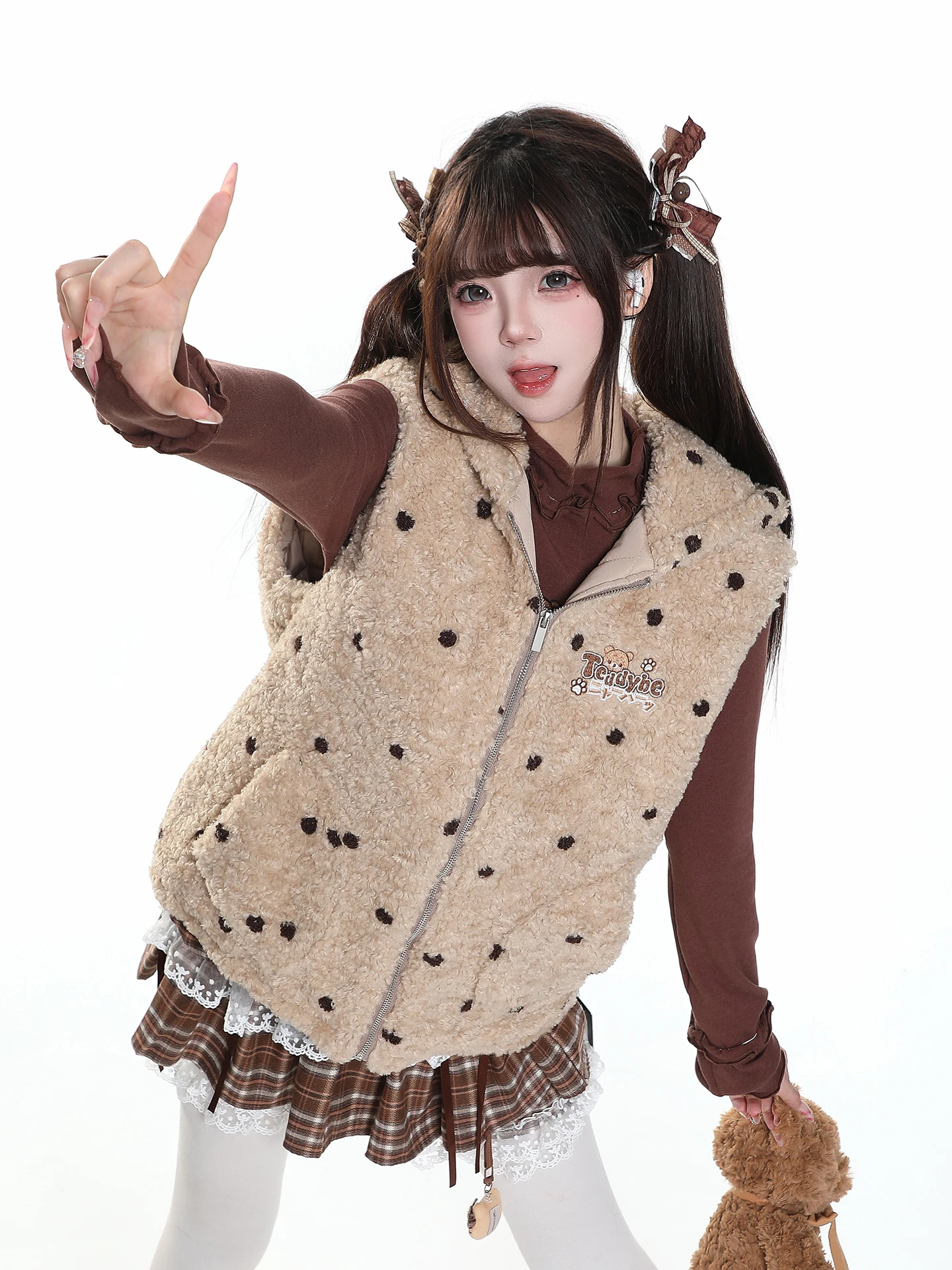 Cute Bear Ear Lamb Fur Vest Women's Winter Sweet Anti-Aging Thick Warm Hooded Layered Cotton Jacket Outerwear Coat