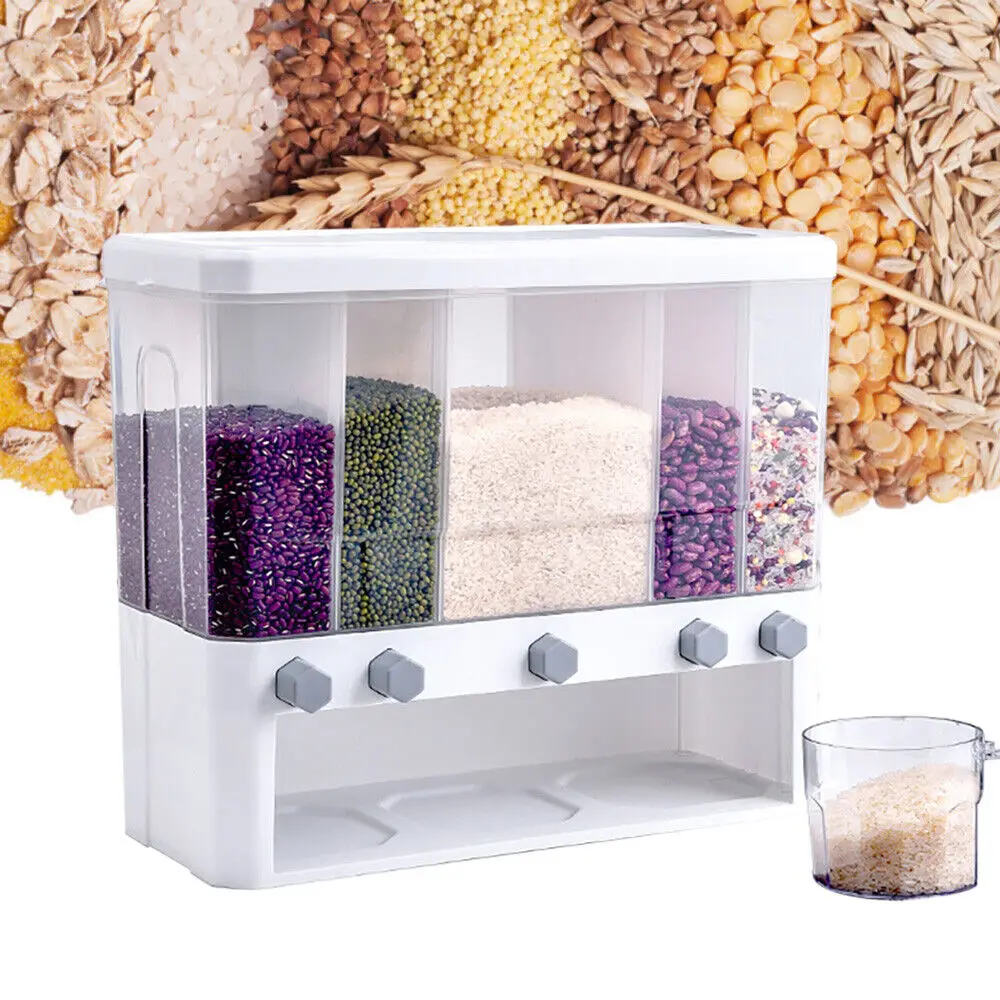 Kitchen Dry Food Rice Cereal Dispenser 5-Grid Clear Storage Box Container W/ 1 Measuring Cup 10L