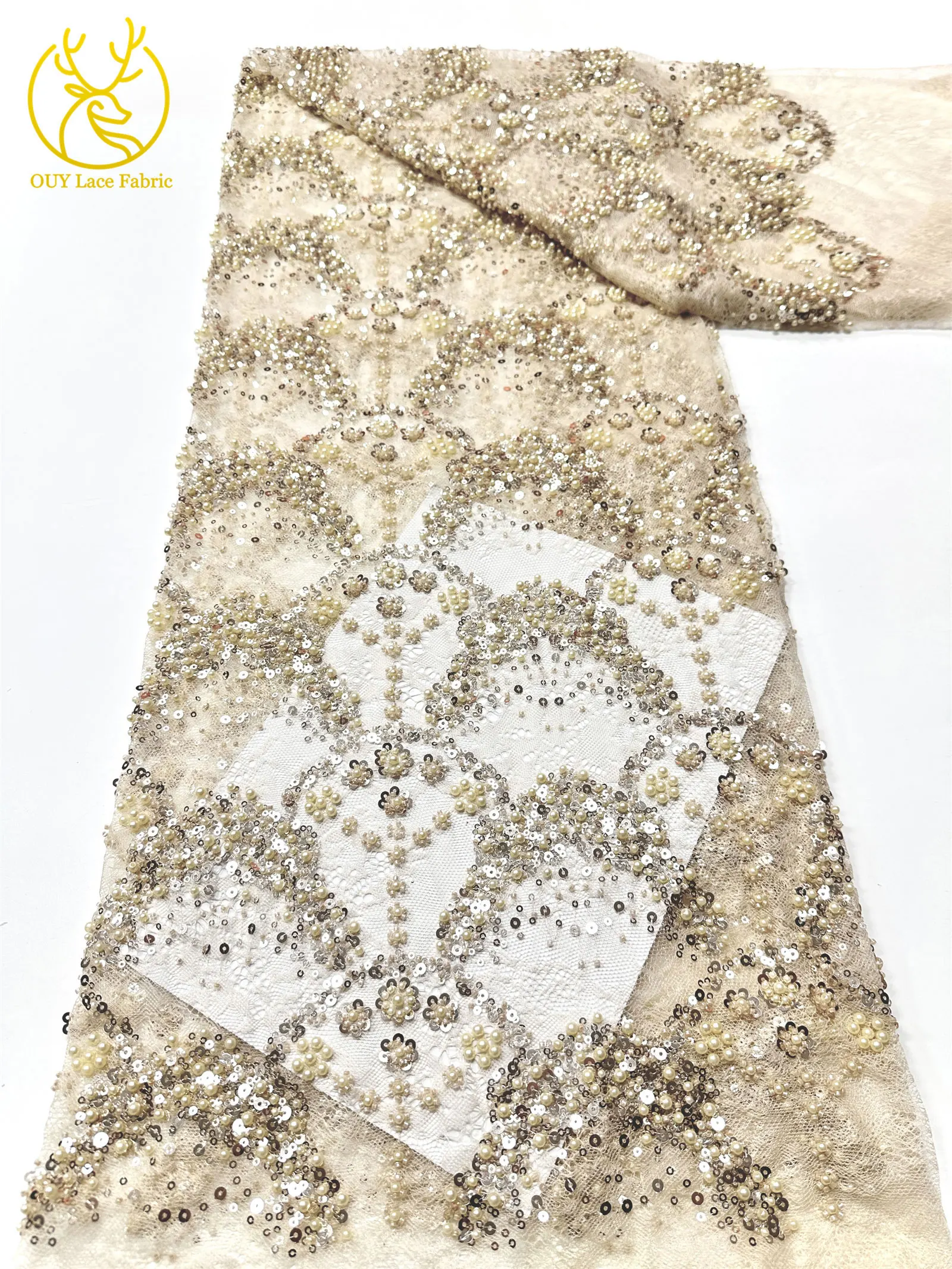 Luxuriöser französischer Kleid-Perlen-Spitzenstoff 2026, hochwertiger gelber afrikanischer Pailletten-Spitzenstoff für Frauen, Hochzeit, Party, Kleid, Nähen – Detail 13
