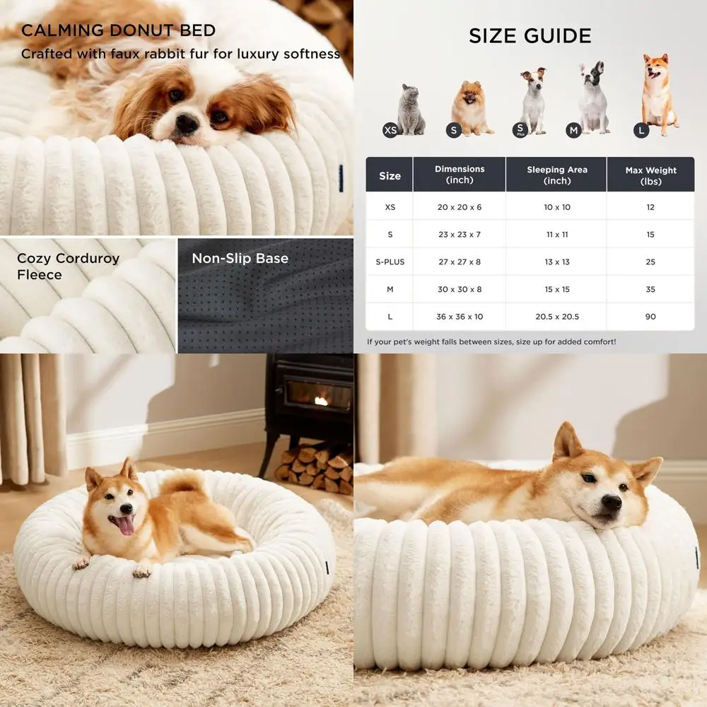 

Большая кремовая кровать для собаки — моющийся искусственный мех, вельветовый флис, противоскользящий, съемный чехол, 36x36x8