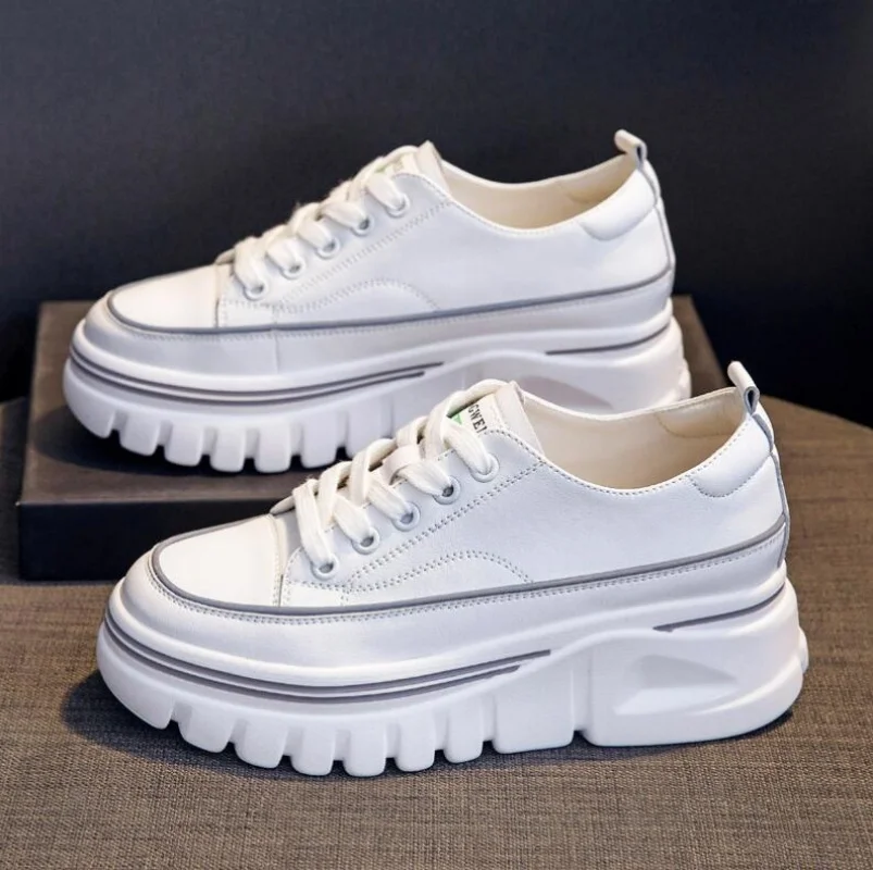 

High Platform Women Sneakers Genuine Leather Youth Girls 6.5CM Heightened Shoes Lady Trainers Spring Female Chunky Sole Flats