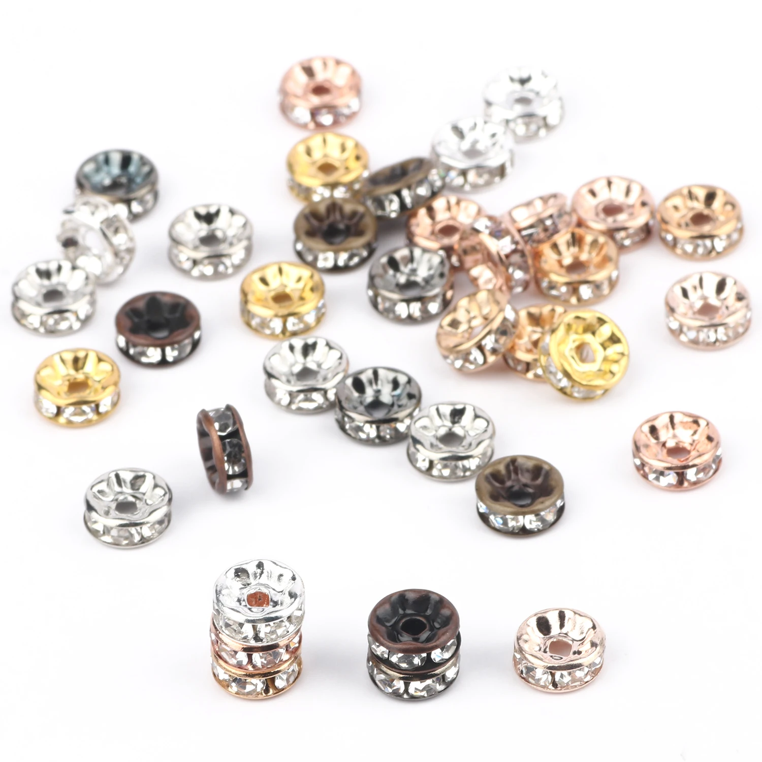 50pcs/lot 4 6 8 10mm Gold Color Rhinestone Rondelles Crystal Bead Loose Spacer Beads for DIY Jewelry Making Accessories Supplies