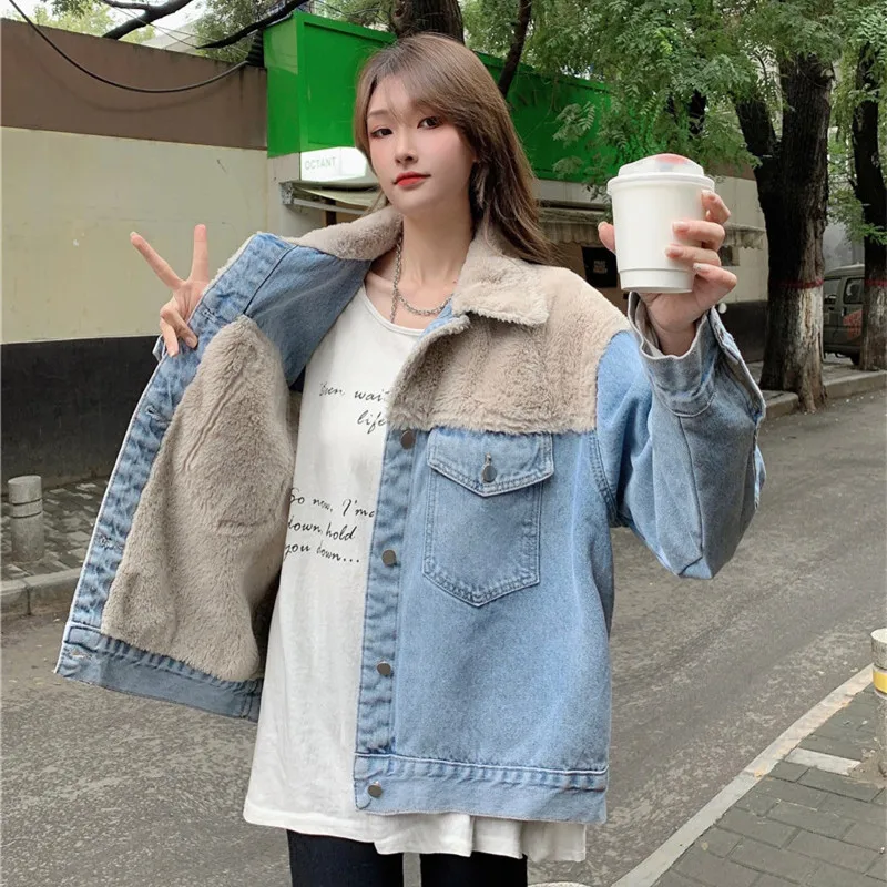 2023 New Denim Thicken Warm Blazers Jackets Women Winter  Loose Casual Full Sleeve Jeans Female Oversized Coats Outerwear Y2k