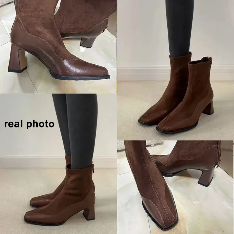 Elegant Square Toe Solid Pu Black Chelsea Boots Women 2025 Autumn French Retro High Heel Ankle Boots Retro Brown Suede Booties