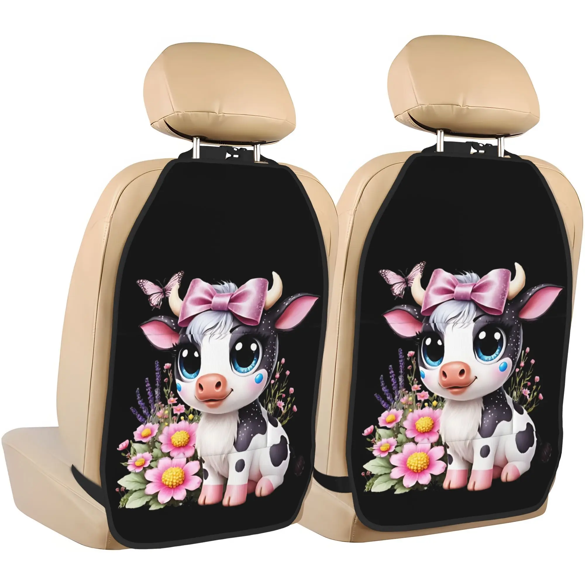 2D Printed Design, 2pcs Set Of Cute Floral Cow Car Seat Back Anti-Kick Mats. Stylish Printed Storage Organizer Keeps Your Car Ti