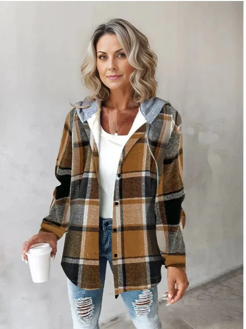 

Color Blo Повседневная клетчатая куртка для женщин Street Sle Свободное шерстяное пальто с капюшоном Летняя коллекция китайского производства