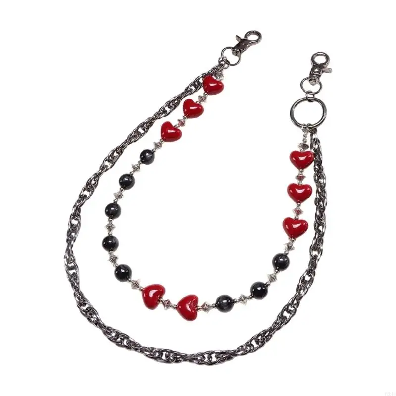 カジュアルとフォーマルのためのレイヤードデザインのゴシックレッドハートビーズパンツチェーンY08E