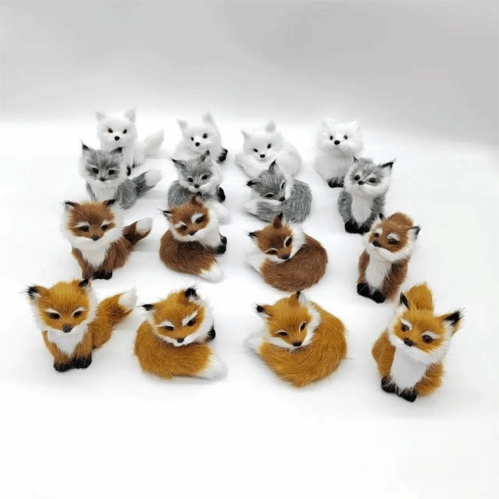 Mini Plush Simulation Fox Figurine Furry Plush Fox Doll Toy Desktop Ornament Artificial Animal Squatting Sitting Fox Model