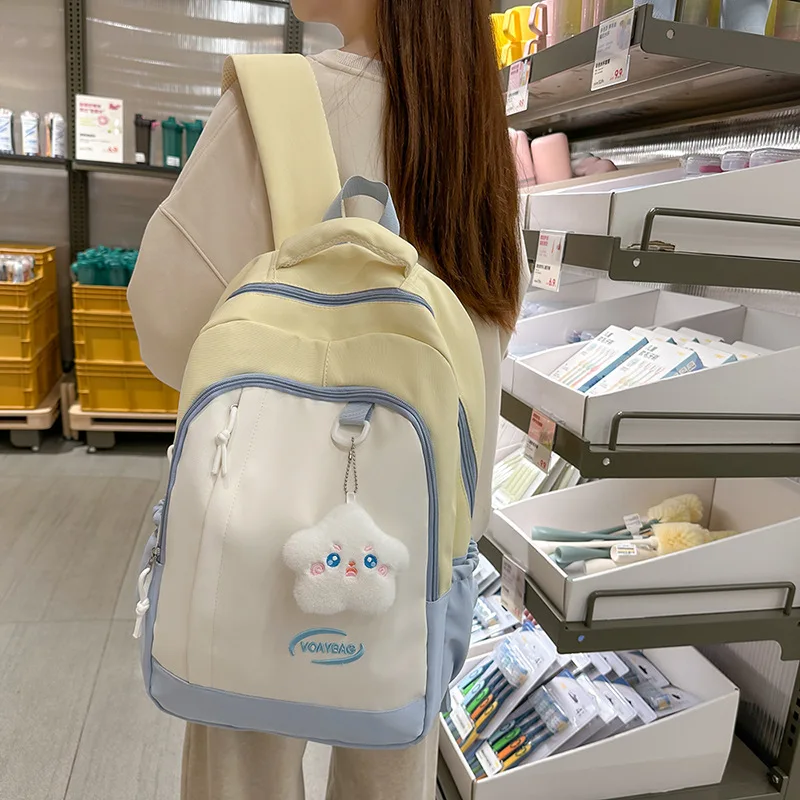 Color-blocking nylon patchwork student schoolbag, cute pendant, large-capacity travel backpack for girls