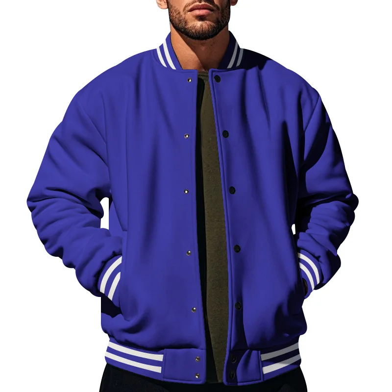 Men's Fleece Er Jacket, Autumn Winter American Style Loose Stand Collar Solid Color Air Force Sports Casual Baseball Coat