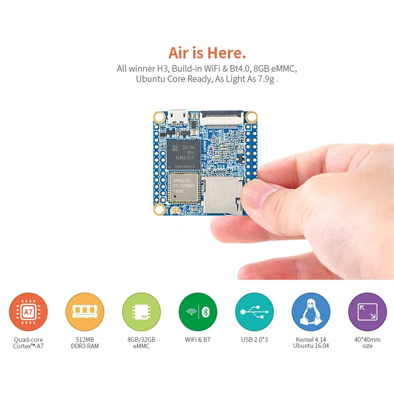 

Exquisite-For Nanopi NEO Air Allwinner H3 4-Core Cortex-A7 512MB DDR3+8G EMMC Wifi Bluetooth Ubuntucore Mini IOT Development Boa