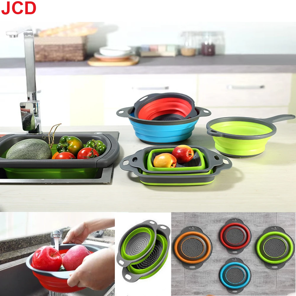 JCD 1pcs Fruit Vegetable Washing Basket Foldable Strainer Silicone Colander Dish Collapsible Drainer Filter Kitchen Storage Tool