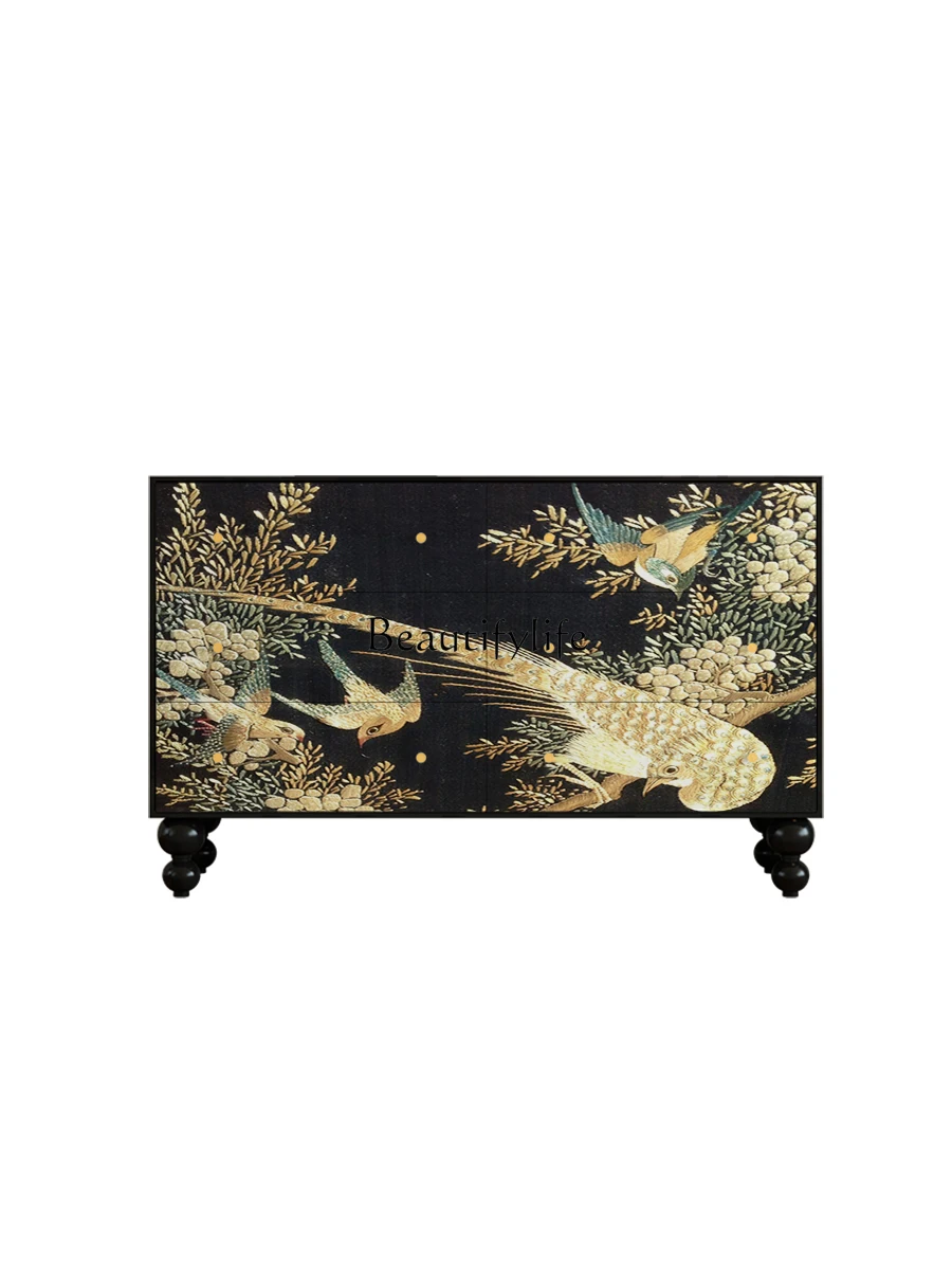 New Chinese Style Gold Silk Peacock Living Room Chest of Six Drawers Bedroom Tailstock Storage Cabinet Solid Wood