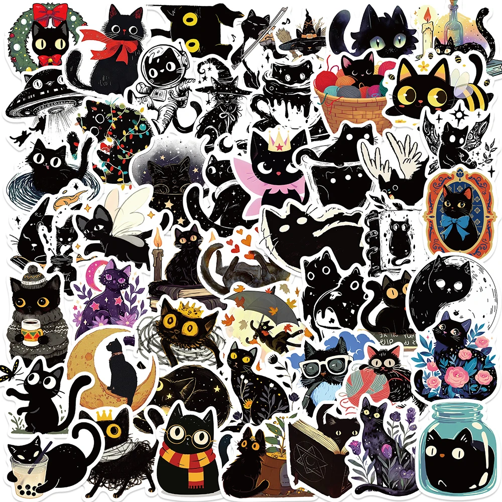 10/30/50PCS Cute Art Black Cat Cartoon Graffiti Stickers Aesthetic DIY Guitar Luggage Phone Suitcase Fun Sticker for Kid Gift