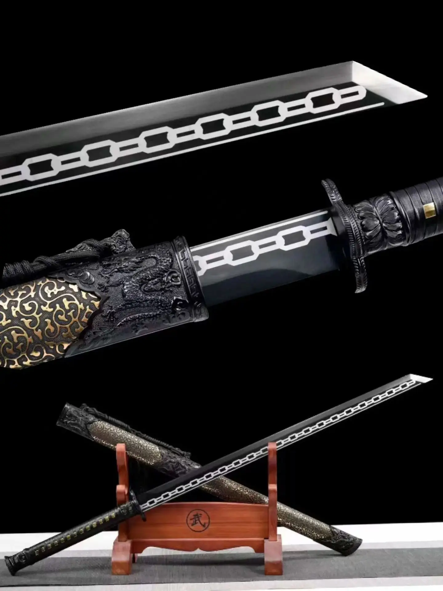 Traditional Chinese Kungfu Battle Sword,Black Gold Ancient Sword,Real Multi Refined High Manganese Steel Baked Blade,Unsharp