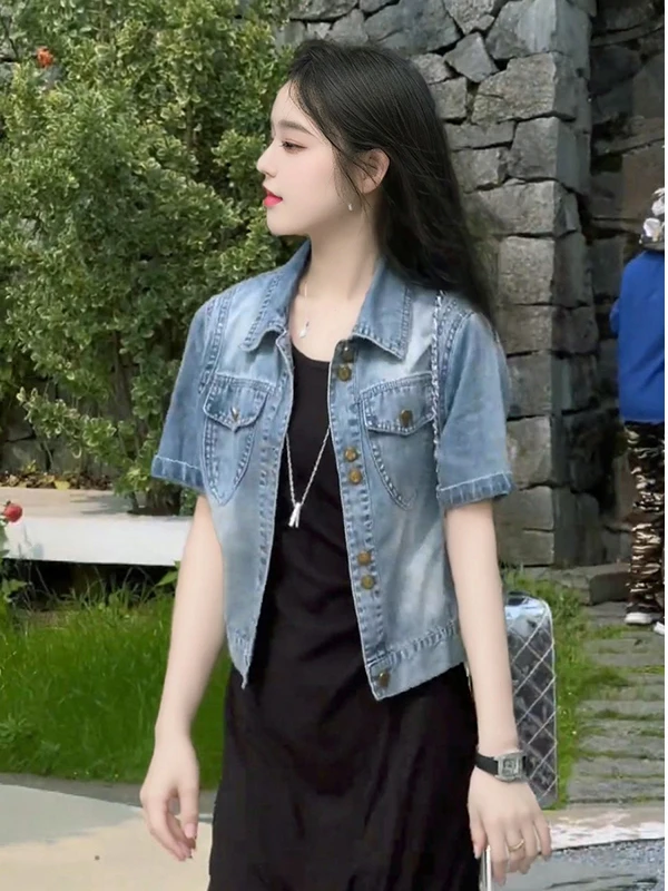 سترة نسائية ort Denim Jaet صيف 2025 تصميم جديد هونج كونج Sle ريترو بياقة مقلوبة ort Sve irt توب فضفاض مناسب ولكن...