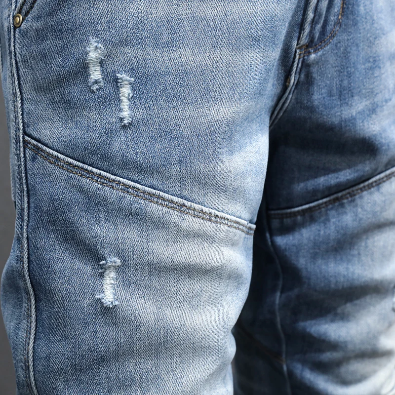 

Fashionable men's new jeans nostalgic elastic slim zipper decoration blue jeans motorcycle jeans Y2K