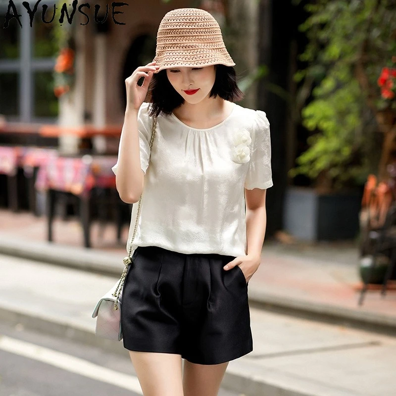 

AYUNSUE Silk Blouse for Woman Elegant White Short Sleeve Shirt High-quality Women Shirt Summer 2025 Blusas De Mujer Ropa Mujer
