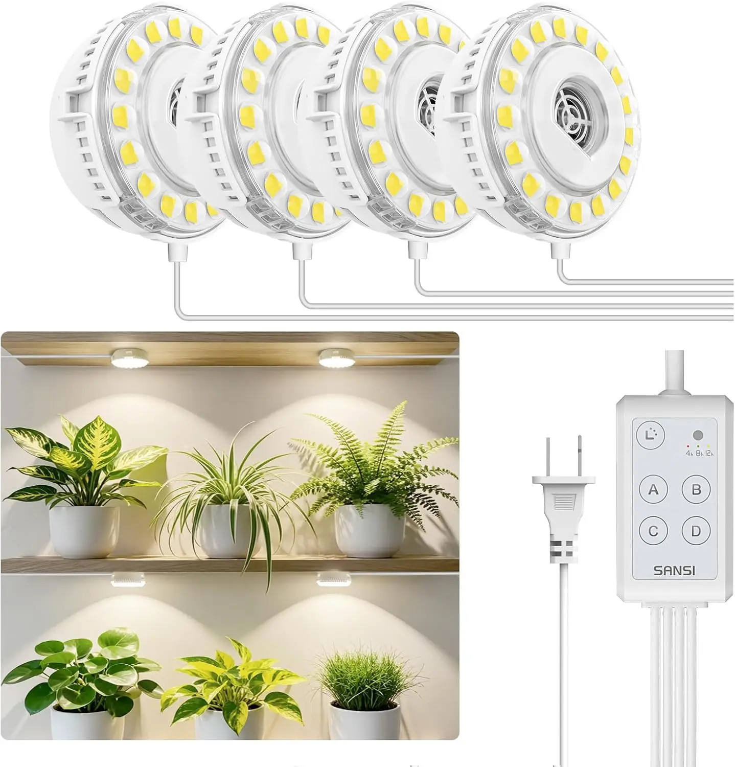 

20W Full Spectrum LED Grow Light with Timer, 4 Heads for Indoor Plants, Auto On/Off 4-12 Hours