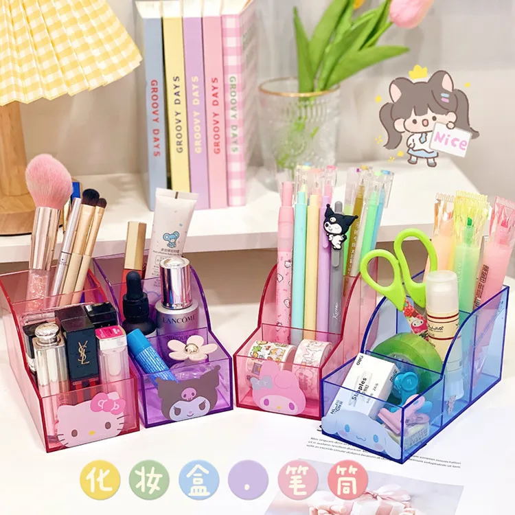 Sanrio Desktop Storage Box Hello Kitty Cinnamoroll Three Grid Stationery Pen Holder Makeup Case School Supplies Children Gift