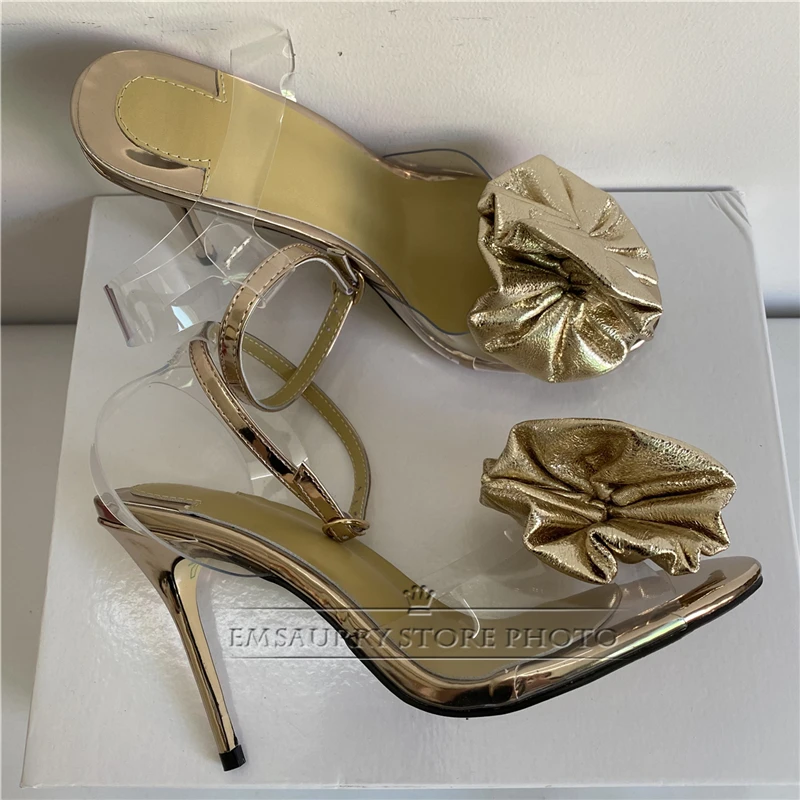 2024 Chic Summer Transparent PVC Sandals Women 10cm Thin Heel Sexy Open Toes Pleated Sequins Flower Gladiator Shoes Woman