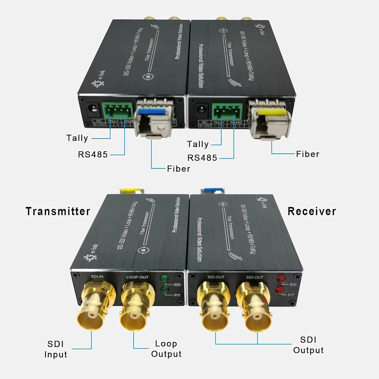 12G 4K SDI Fiber Extender, 20km Single Fiber Broadcast Converter with SFP Module, Loop Output, RS485 Tally, One Pair
