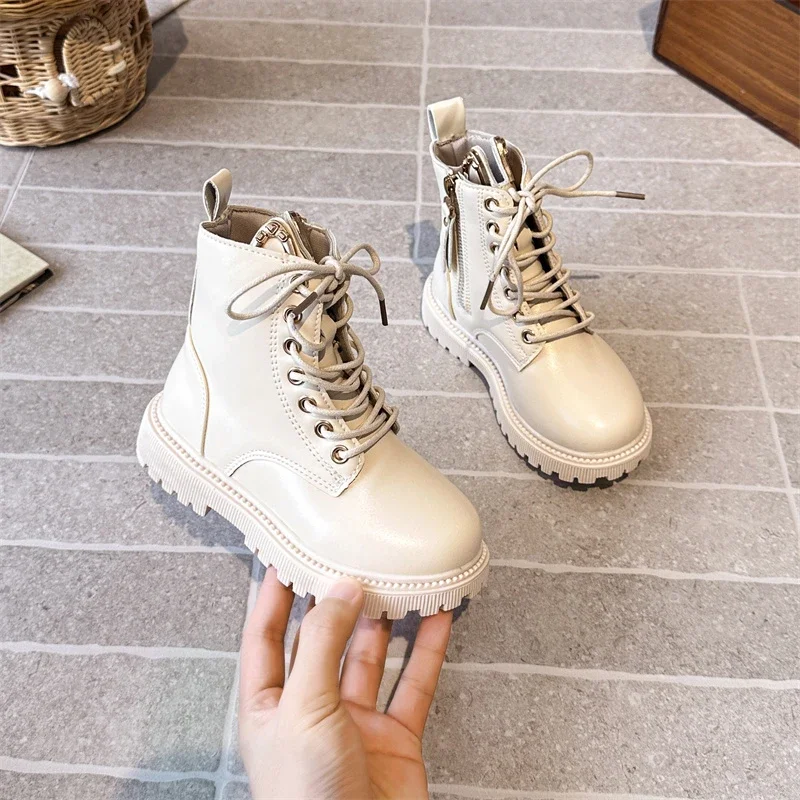 

Весенне-осенние детские кожаные ботинки, школьные новые черные, бежевые короткие ботинки на платформе для девочек, детские модные ботильоны, нескользящая молния