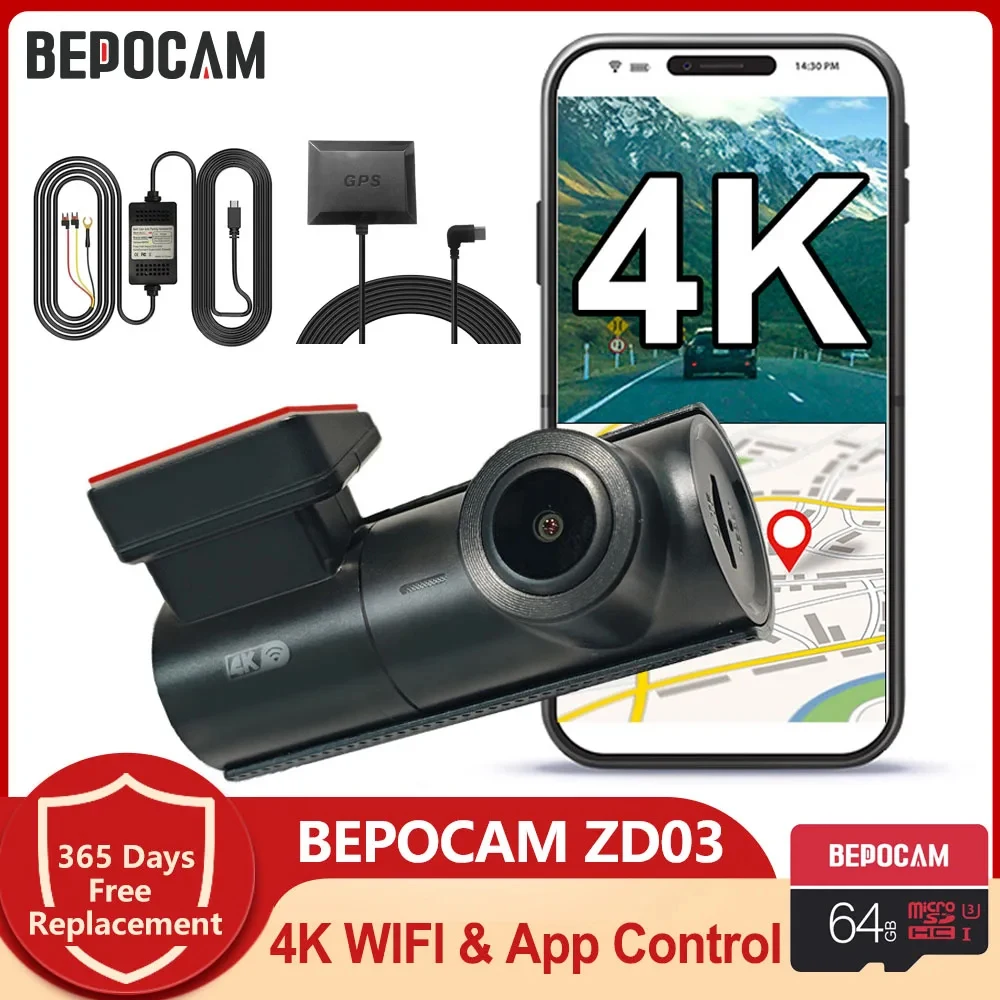 BEPOCAM ZD03 4K Dash Cam Built in WiFi GPS & App Control Smart Dash Camera for Cars WDR Night Vision Car DVR 24H Parking Monitor