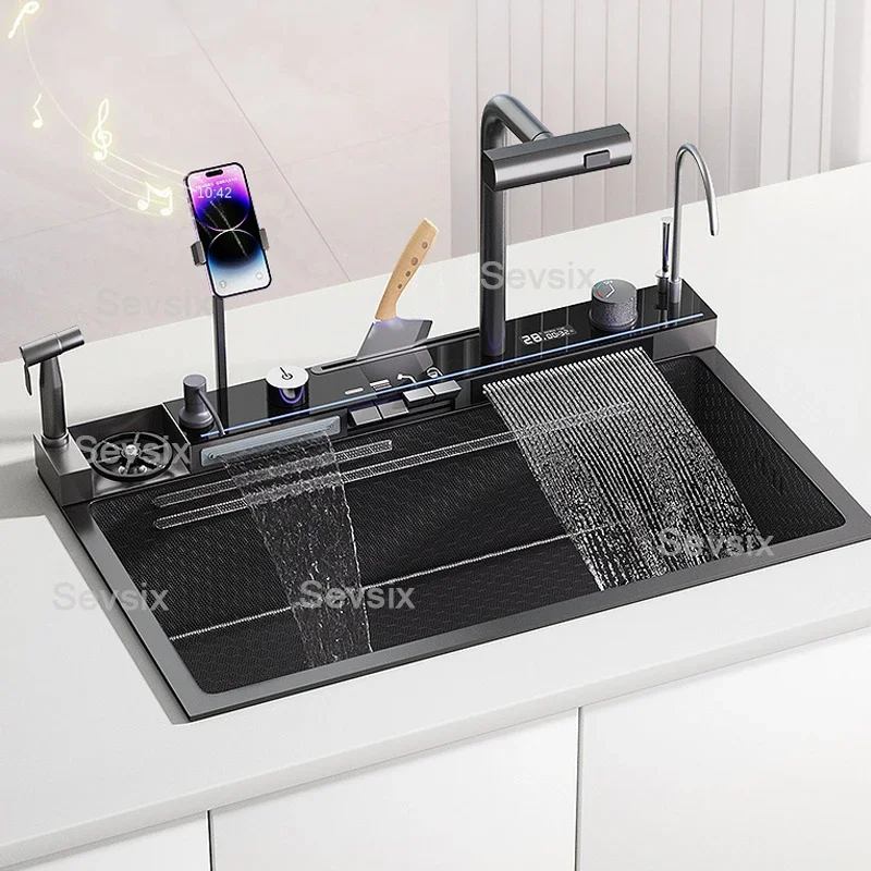 7545 SY photo newest honeycomb embossing integrated 304 stainless steel right 8045 waterfall kitchen sink with digital display