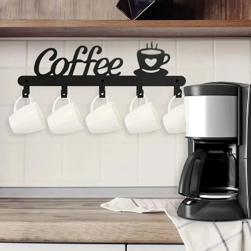 Metal Wall Mounted Coffee Mug Rack Holder, Coat Hat Key Hooks Organizer, Durable Space Saving Home Kitchen view 2