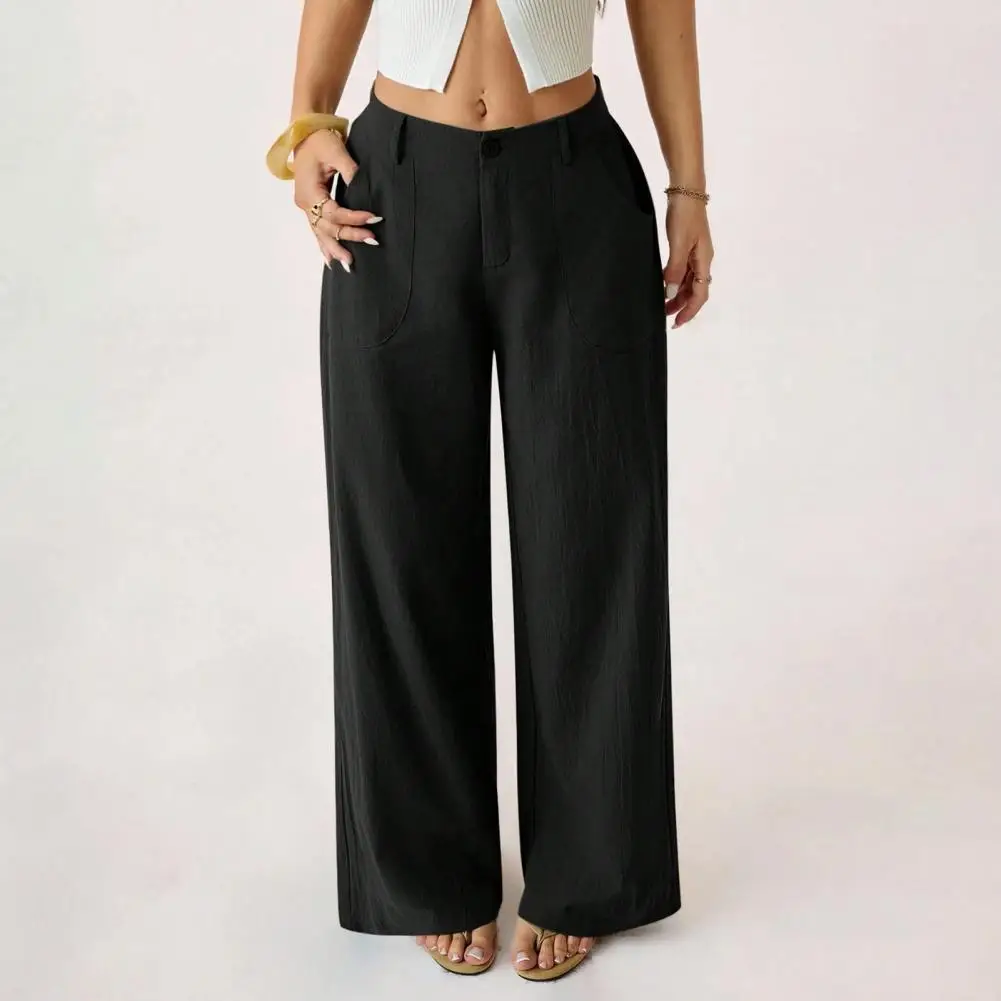 Cotton Linen Wide Leg Pants for Women, Loose Button Elastic Waist Casual Trousers, Solid Color Palazzo Pants with Pockets