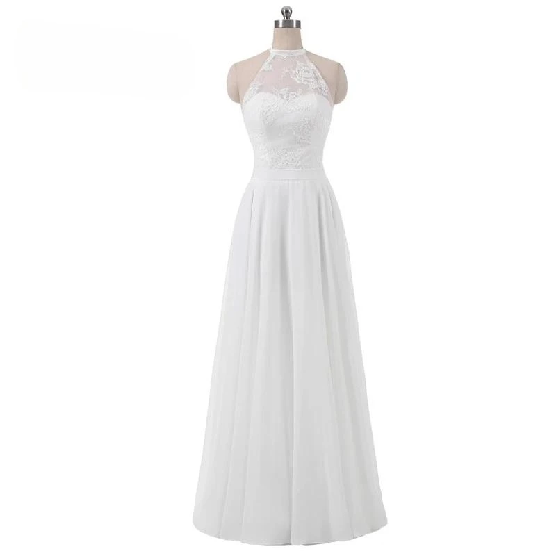 

Customized Evening Dress White Lace Chiffon Halter Neck Sleeveless A-linevFloor Length Plus size Woman Party FOrmal Gown 2162