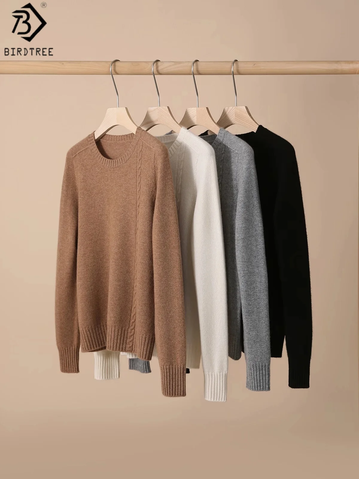 

Birdtree 100% Cashmere Knit Solid Sweater,Woman Twisting Technique Full Sleeve O-neck Seamless Loose Autumn Sweater TopsT58907JF