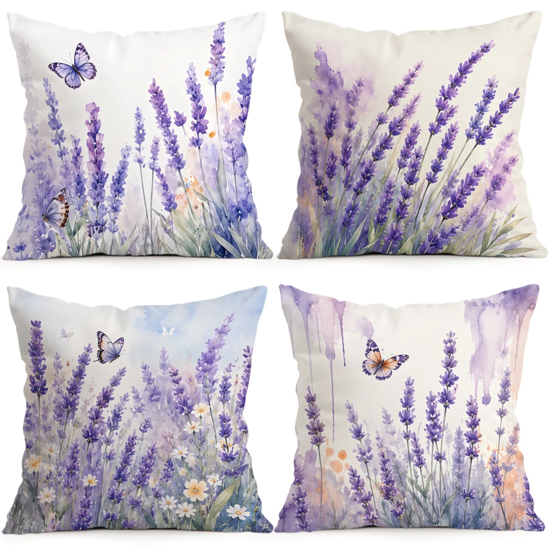 1pcs/4pcs Watercolor Lavender Butterfly Cushions Pillowcase Polyester Cushion Cover Throw Pillow Pillowcover Home Car Sofa Deco