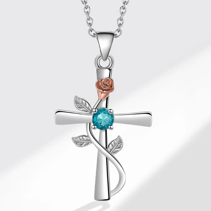 Kofsac Hot Sale Kreuz Halskette für Frauen Sterling Silber Rose Schmuck Mode Zirkon Halskette romantische Valentinstag Geschenk