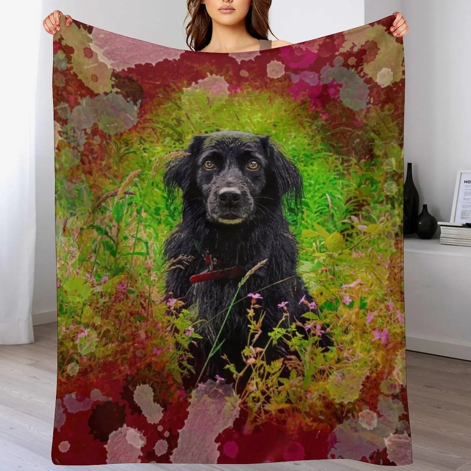 

Black Beautiful Dog Digital Portrait Throw Blanket Soft Warm Blanket Gift for Men Women Adults