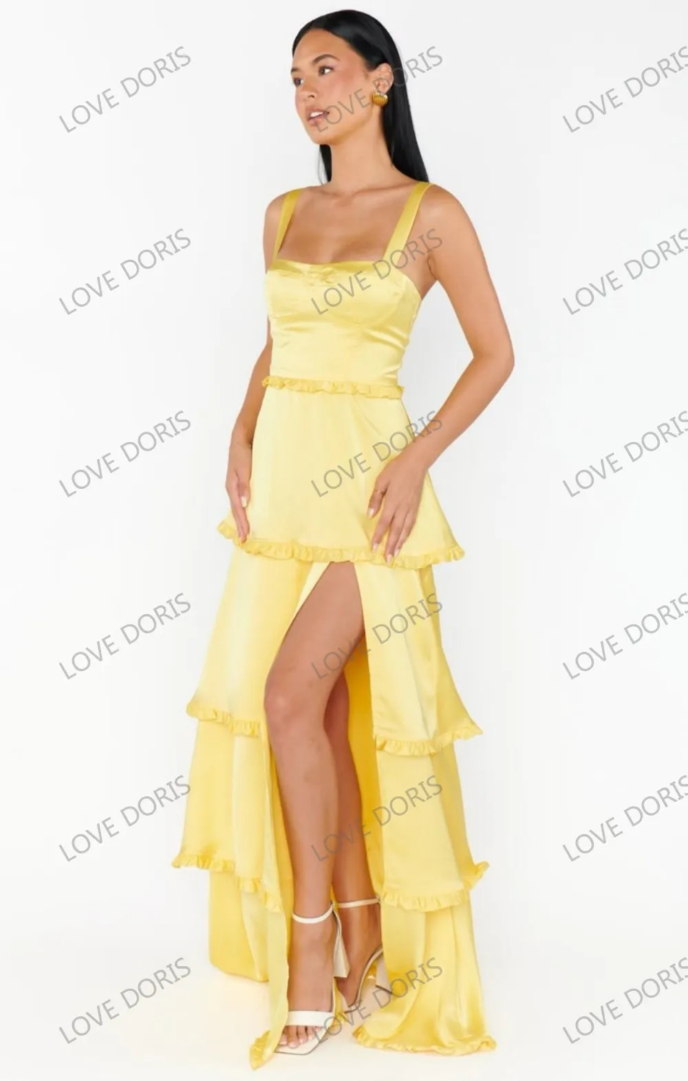

LOVE DORIS 2025 Bridesmaid Dress Yellow Party Dress Ruched Criss-Cross Boat Neck Sleeveless Tiered Prom Dress A-Line Customized