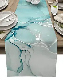 Marble Turquoise Aqua Linen Table Runner Holiday Party Decoration Modern Dinner   for Wedding Kitchen  Decor