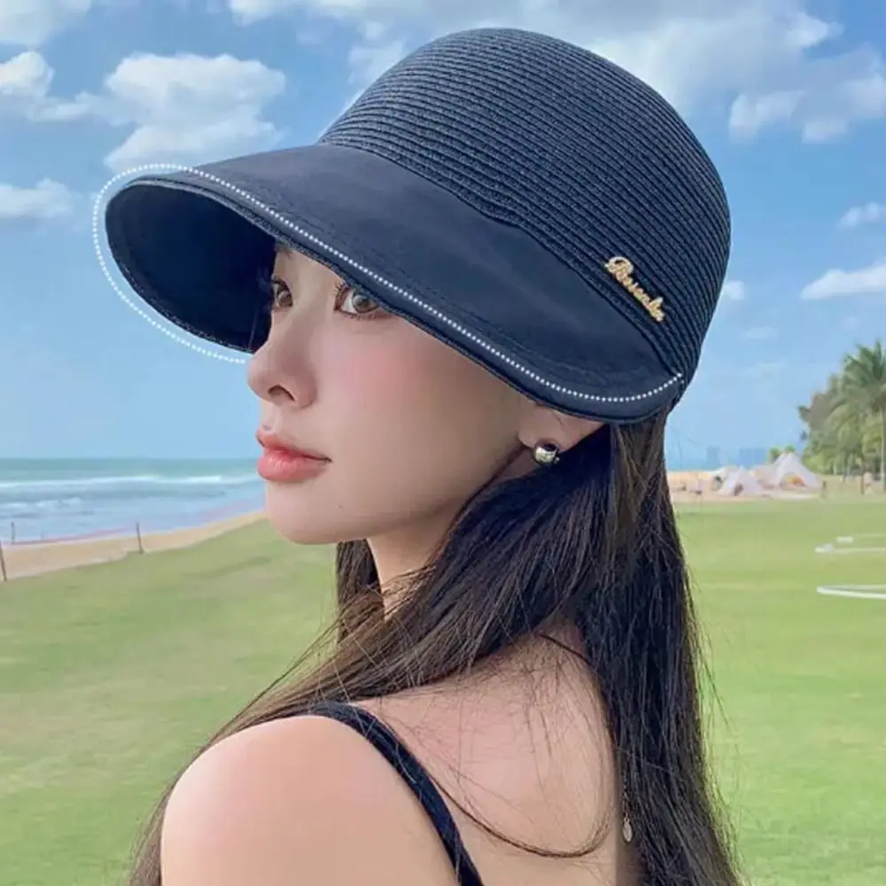 Fashion Summer Women Bucket Hat Stitching Sunscreen Straw Sunshade Cap Foldable Wide Brim Panama Cap Ponytail Baseball Caps