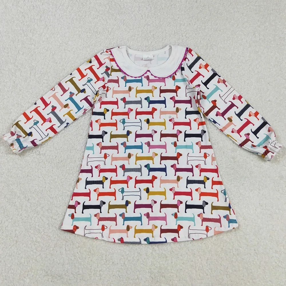 متوفر في المخزون فستان ملون مطبوع عليه كلب للفتيات الصغيرات بأكمام طويلة بطول الركبة #1