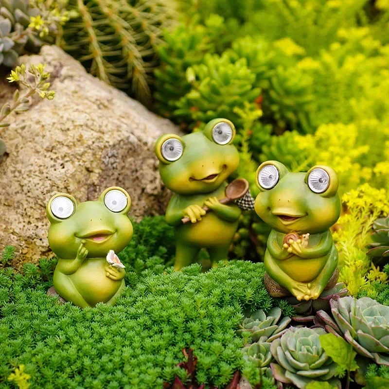 Resin Cute Frog Garden Figurines Solar Light Path Lawn Outdoor Yard Decor Accessories Flower Pot Landscape Decoration