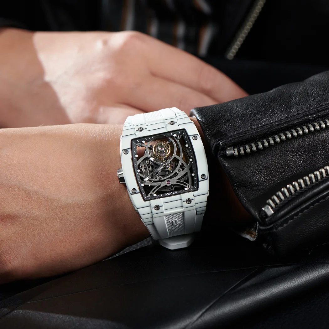 Oblvlo Tourbillon เคสคาร์บอนไฟเบอร์เรืองแสงทรงถังไวน์แบบนาฬิกาข้อมือผู้ชาย EM-RT Tali Jam Tangan karet