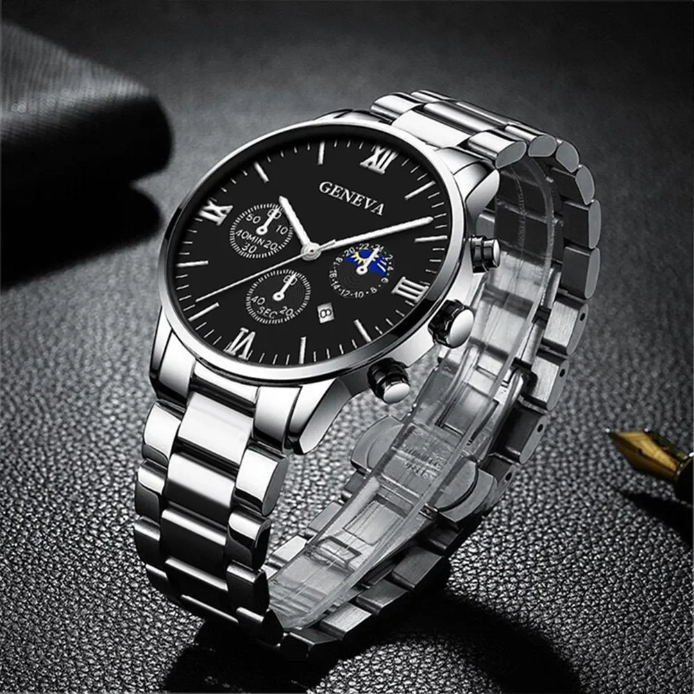 Mode Römische Skala Quarz Armbanduhr 4 stücke Set Männer Business Uhr Gefälschte Drei Augen Kalender Kreuz Halskette Armband Ring set