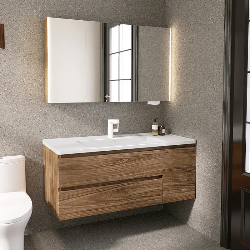 Modern Minimalist Walnut Color Bathroom Cabinet Combination  Washbasin Ceramic Integrated Gabinete Home Furniture YX50BC