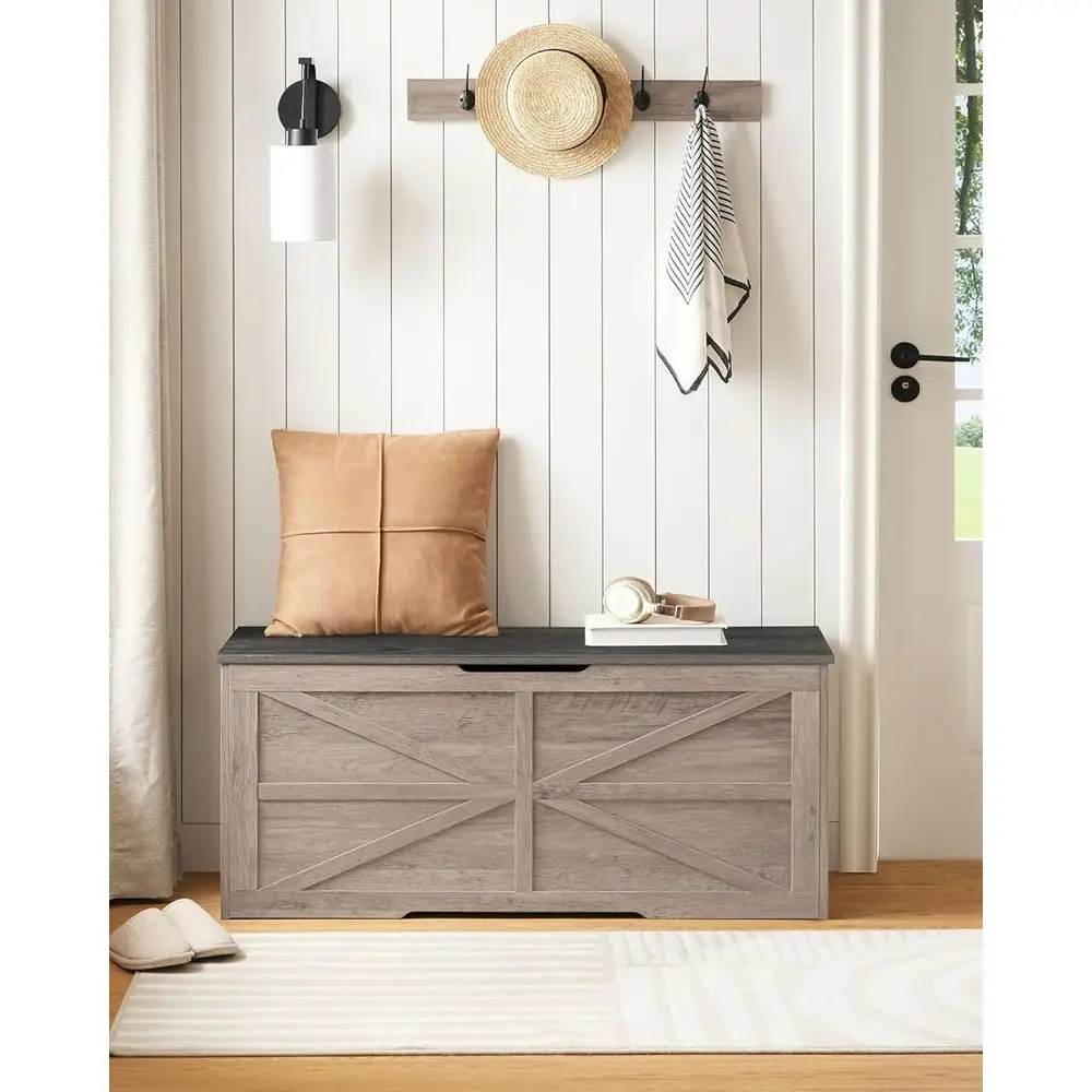 Retro-Bauernhaus-Aufbewahrungstruhe aus Holz, Anthrazit und Greige, Spielzeugkiste für Schlafzimmer und Wohnzimmer mit Sicherheitsscharnier