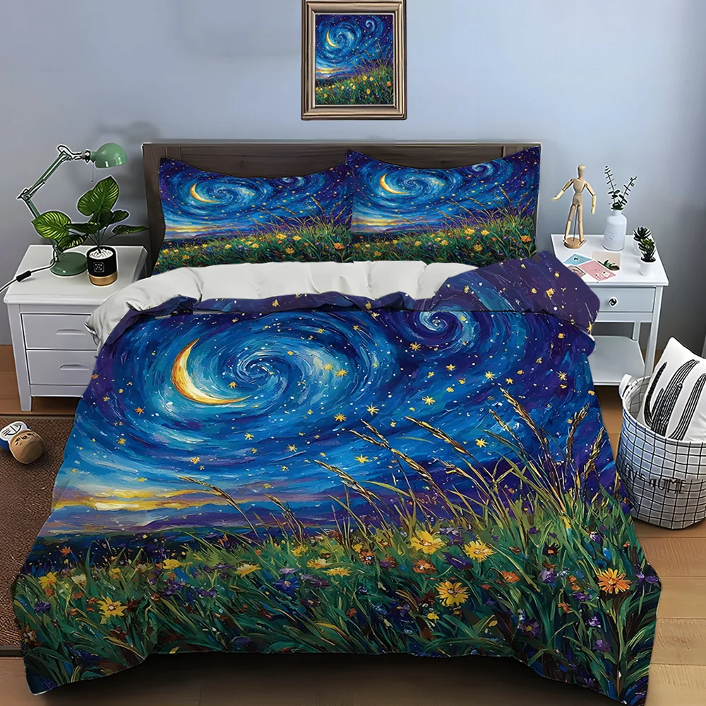 Starry Sky and Vibrant Wildflowers Bedding Set for Kids Luxury Gift 3pcs Digital Print Comforter Set Soft Comfortable Breathable