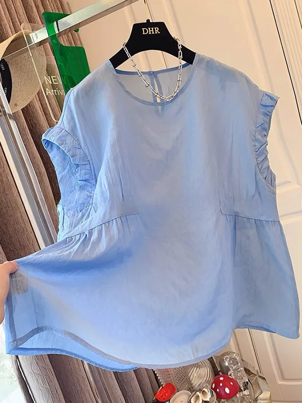 

plus Size Women's Shirt Summer Loose Thin Fly Sleeve Short Sleeve Pleated Top Breathable Korean Style Casual Fashion