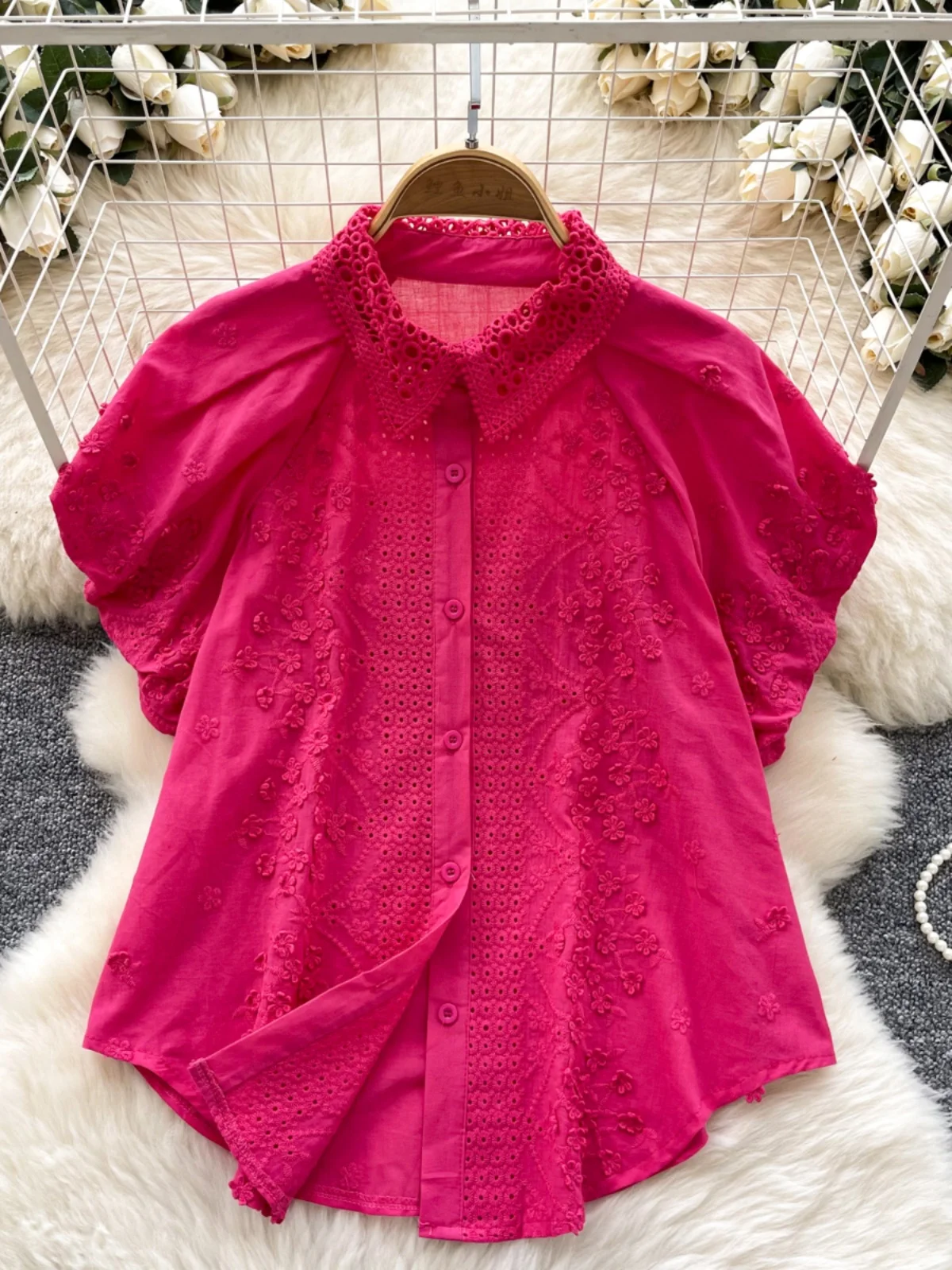 

Ele Heavy Embroidery Lantern Sve irt Women's Loose Versatile Faion Asymmetrical Slimming Top Commute Sle Korean ...